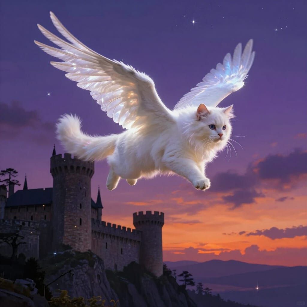 Angora Cat with Wings Flies Over Medieval Castle