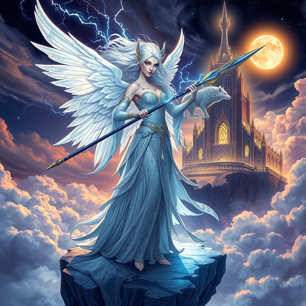 Ethereal Goddess with Feathered Wings and Celestial Robes