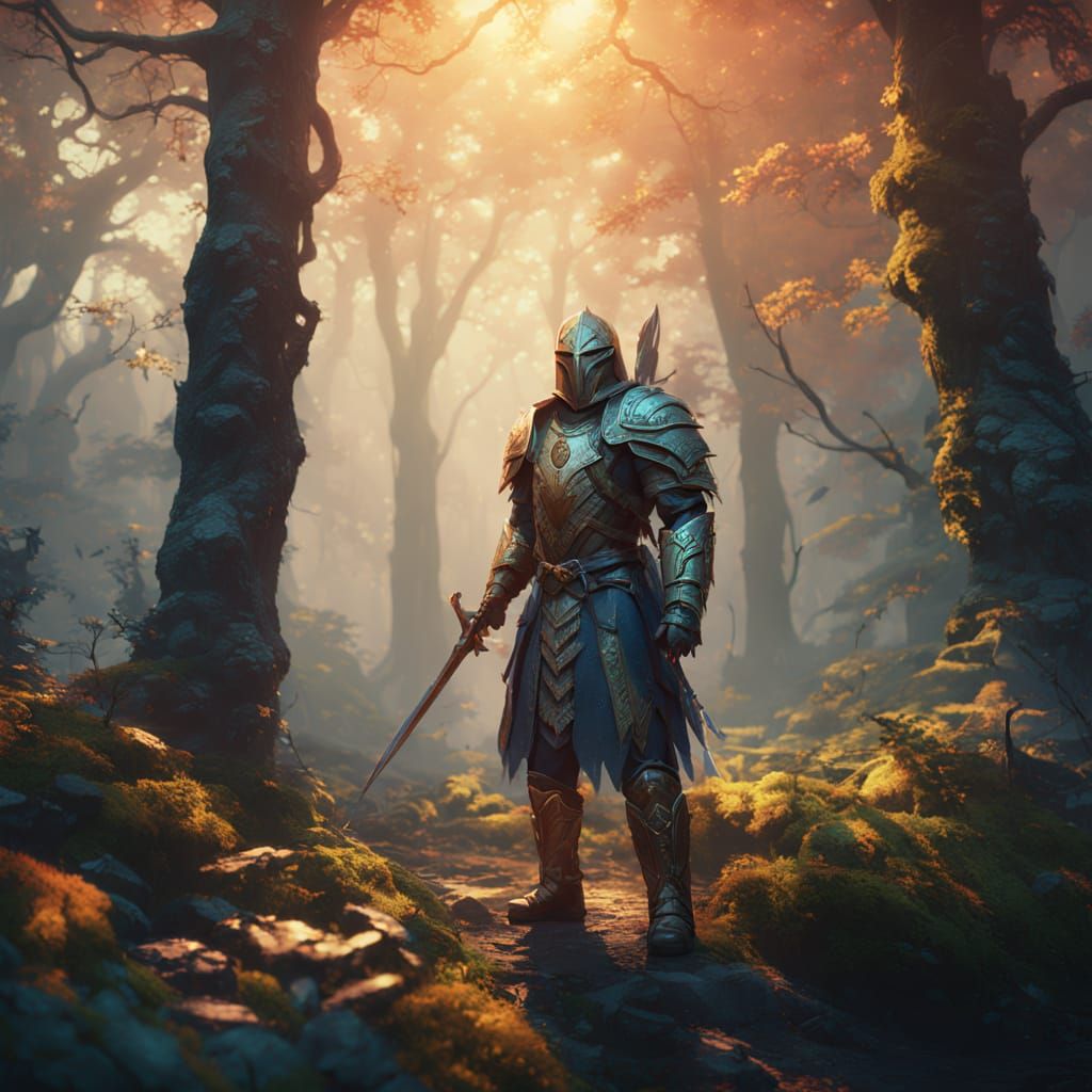 Mystical Forest Warrior in Golden Hour Glow