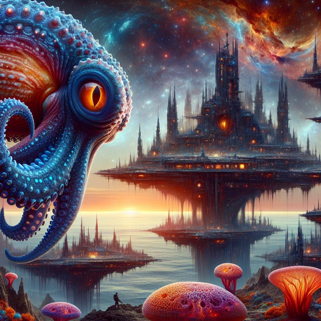 Cosmic Octopus Reigns Over Radiant Space City