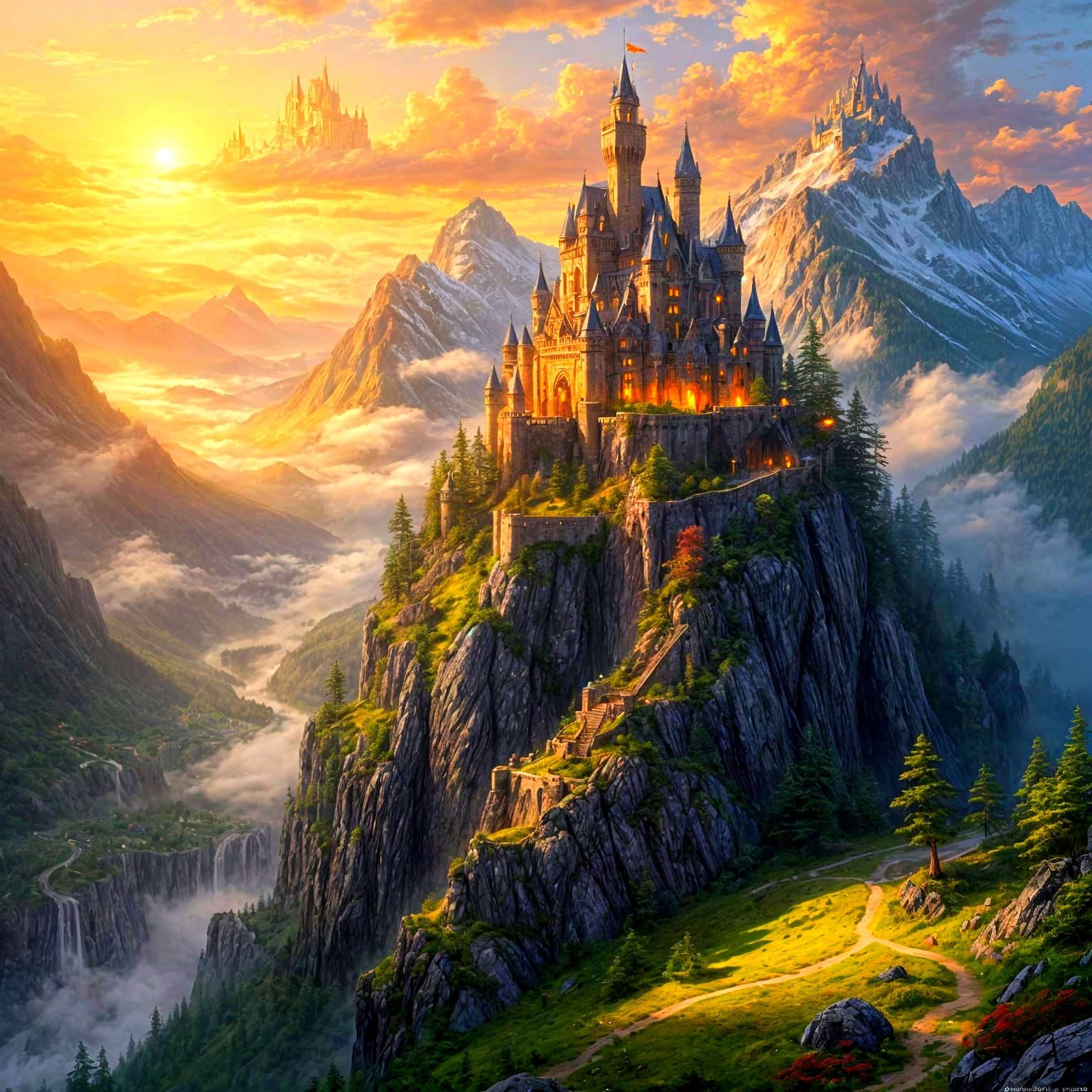 Ethereal Castle Emerging from Morning Mist in a Fantastical ...