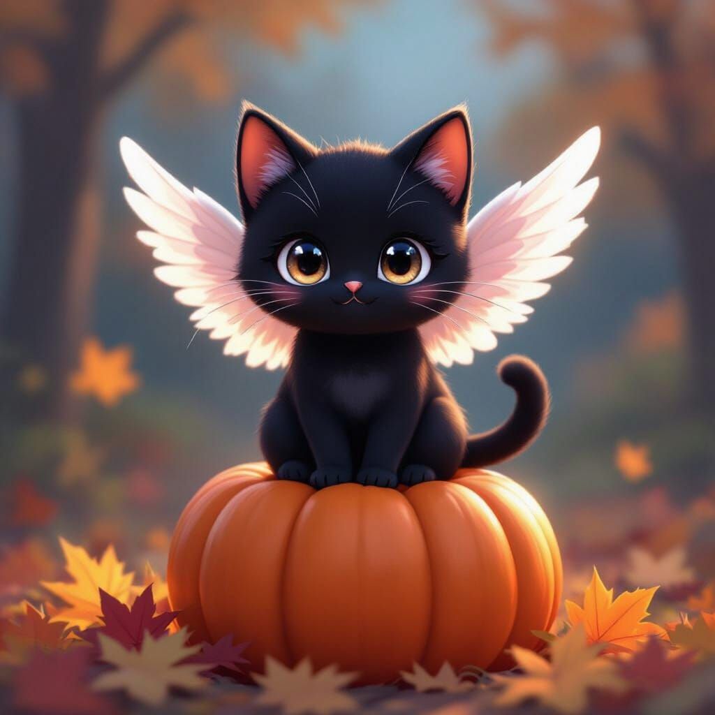 Kawaii Black Cat with Wings on Pumpkin in Anime Style