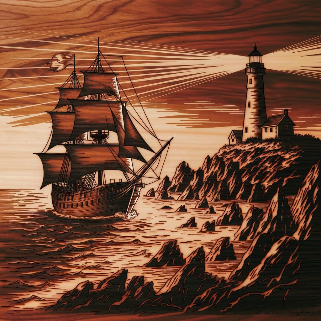 Pirate Ship Sails to Lighthouse Pyrography Art