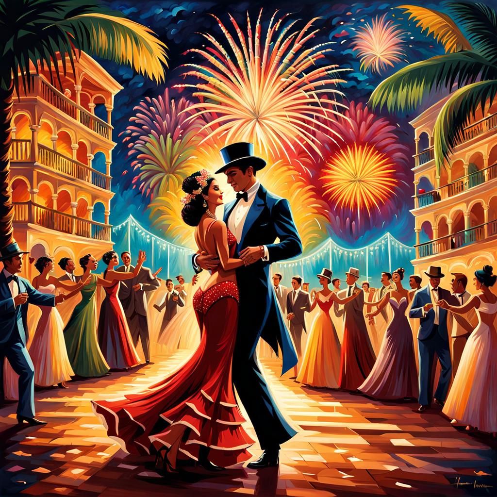 Brazilian Couple Samba Dancing at Carnivale, Detailed Illust...