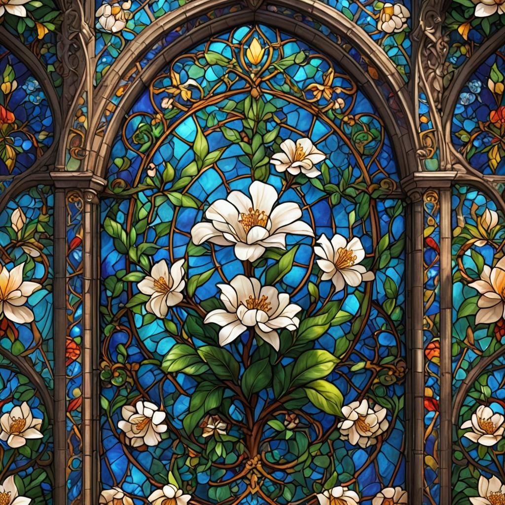 Stained Glass Cathedral with Gardenia Flower