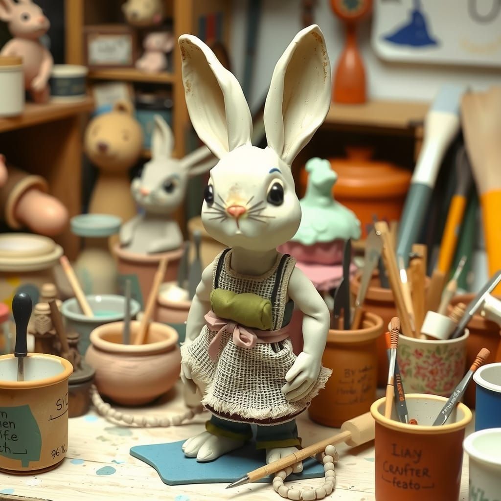 Animated Clay Rabbit in Workshop, Whimsical Style