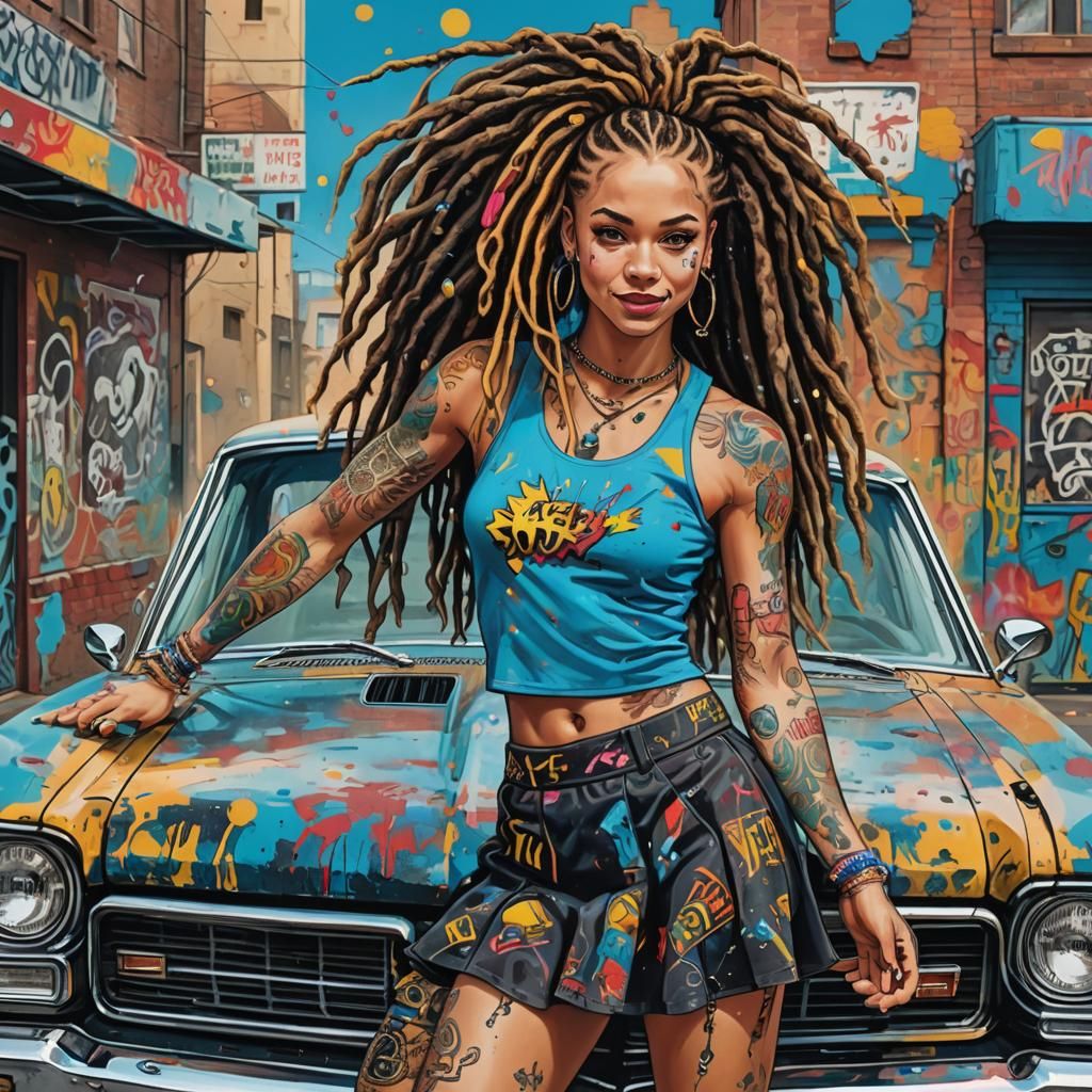 Pop Art Woman with Tattoos and Classic Car