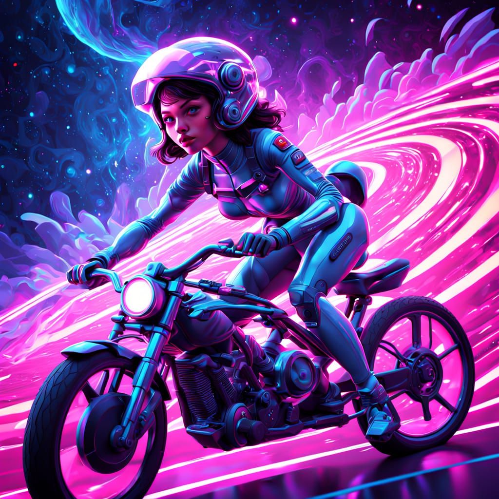 Woman Rides Space-Bike in Neon Galaxy