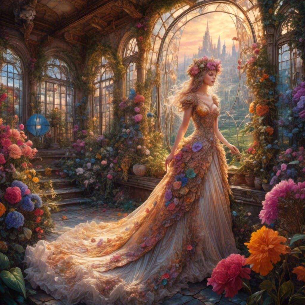 Woman in Floral Gown in Fantasy Greenhouse