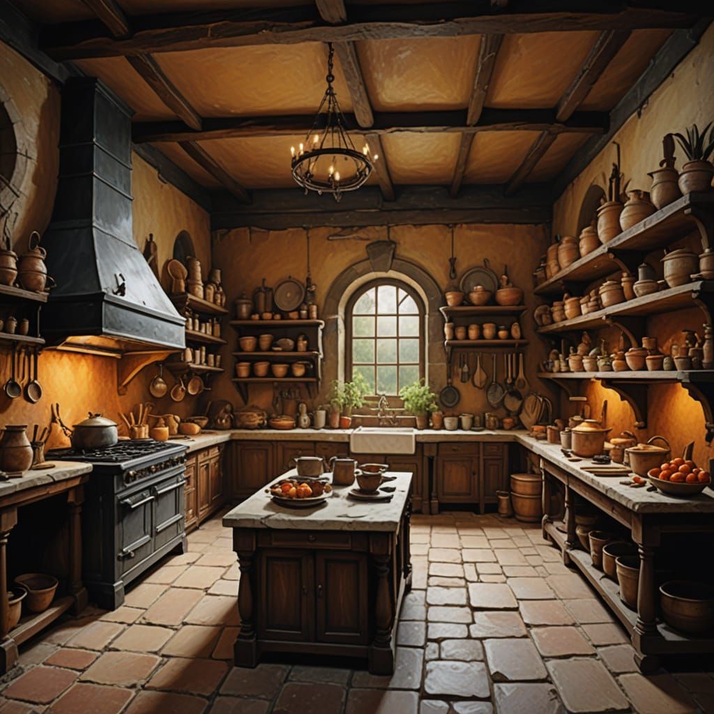 Gouache Masterpiece of Medieval Kitchen Interior