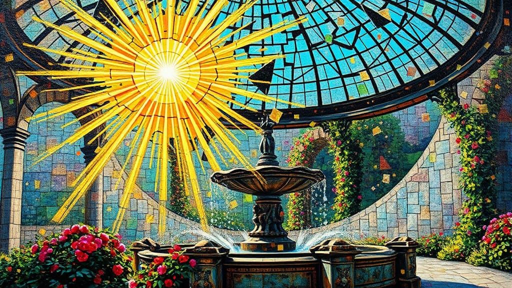Sunlit Mosaic Fountain Under Shattered Glass Dome