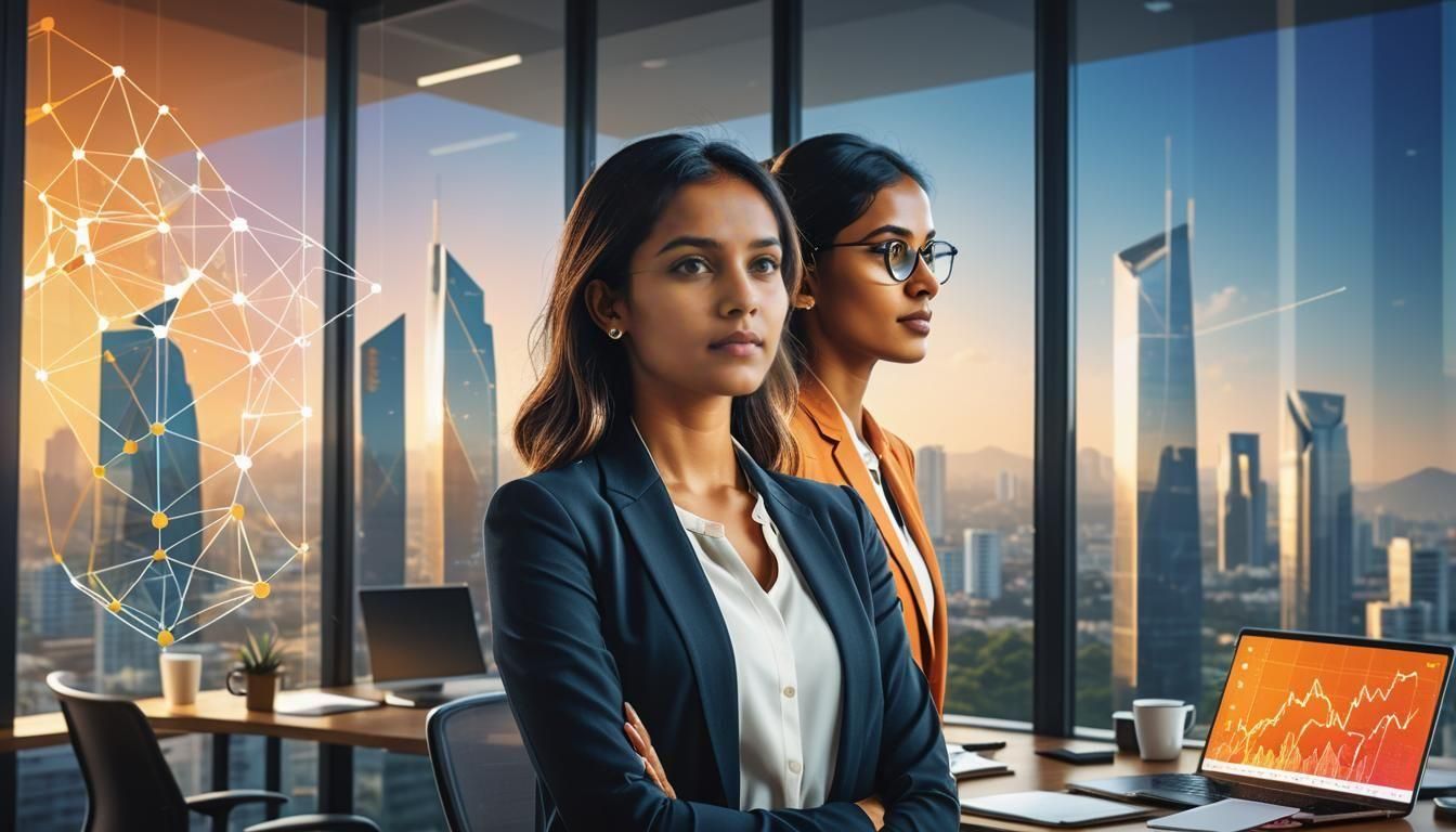 Young Entrepreneur in Bangalore Office with Blockchain Visua...