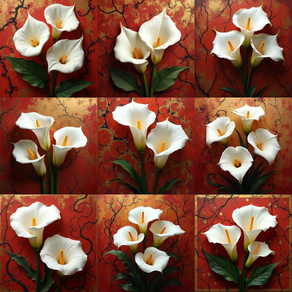 Elegant Red and Gold Floral Masterpiece with Black Accents