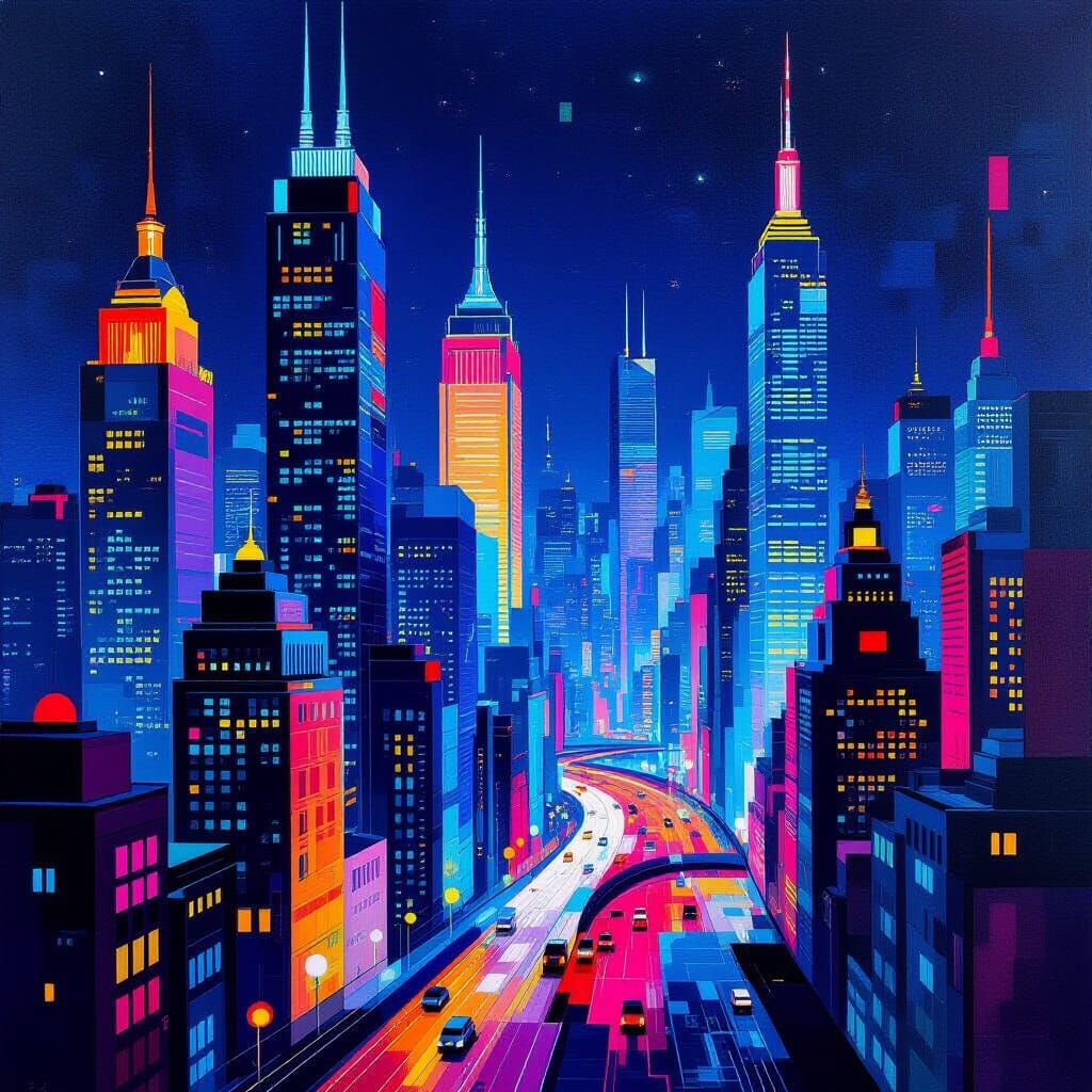 Cubist Cityscape at Night with Neon Lights