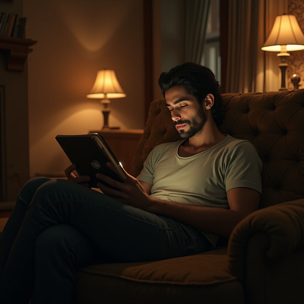 Man on Sofa with Tablet in Matte Painting Style