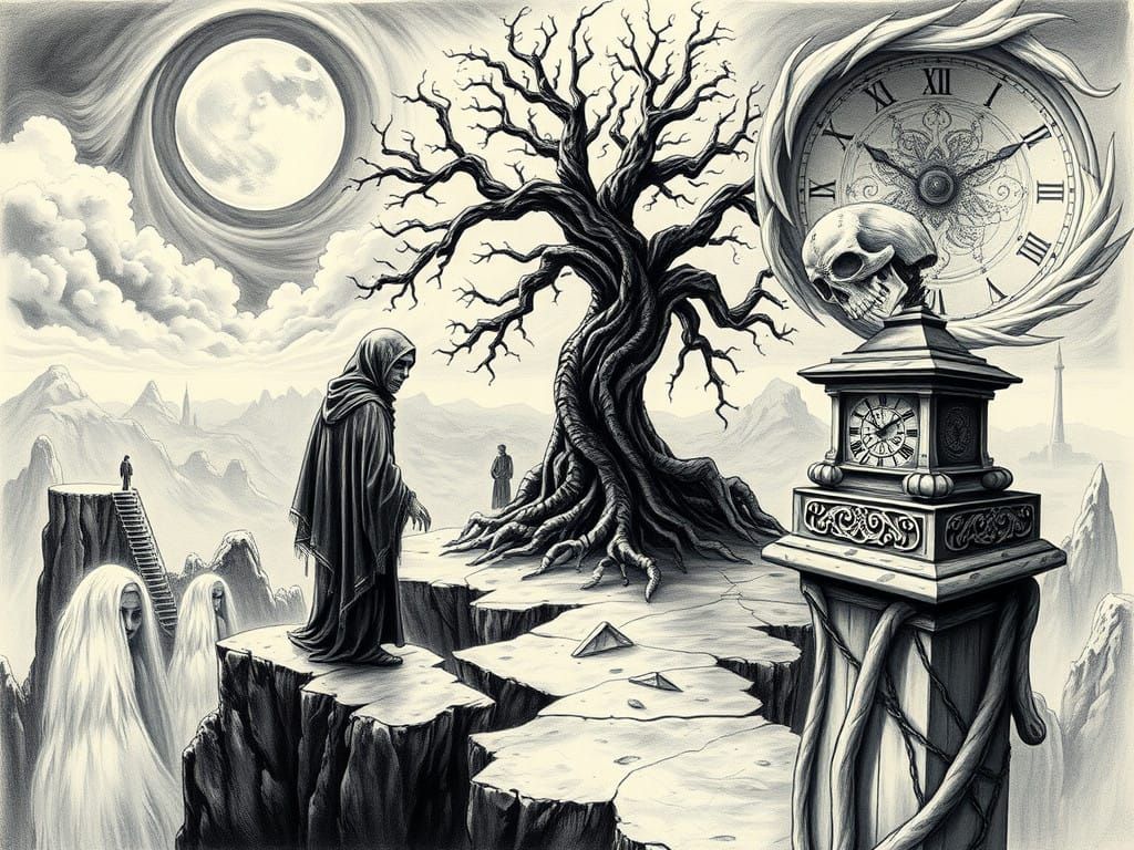 Surreal Dreamscape in Intricate Charcoal Sketch