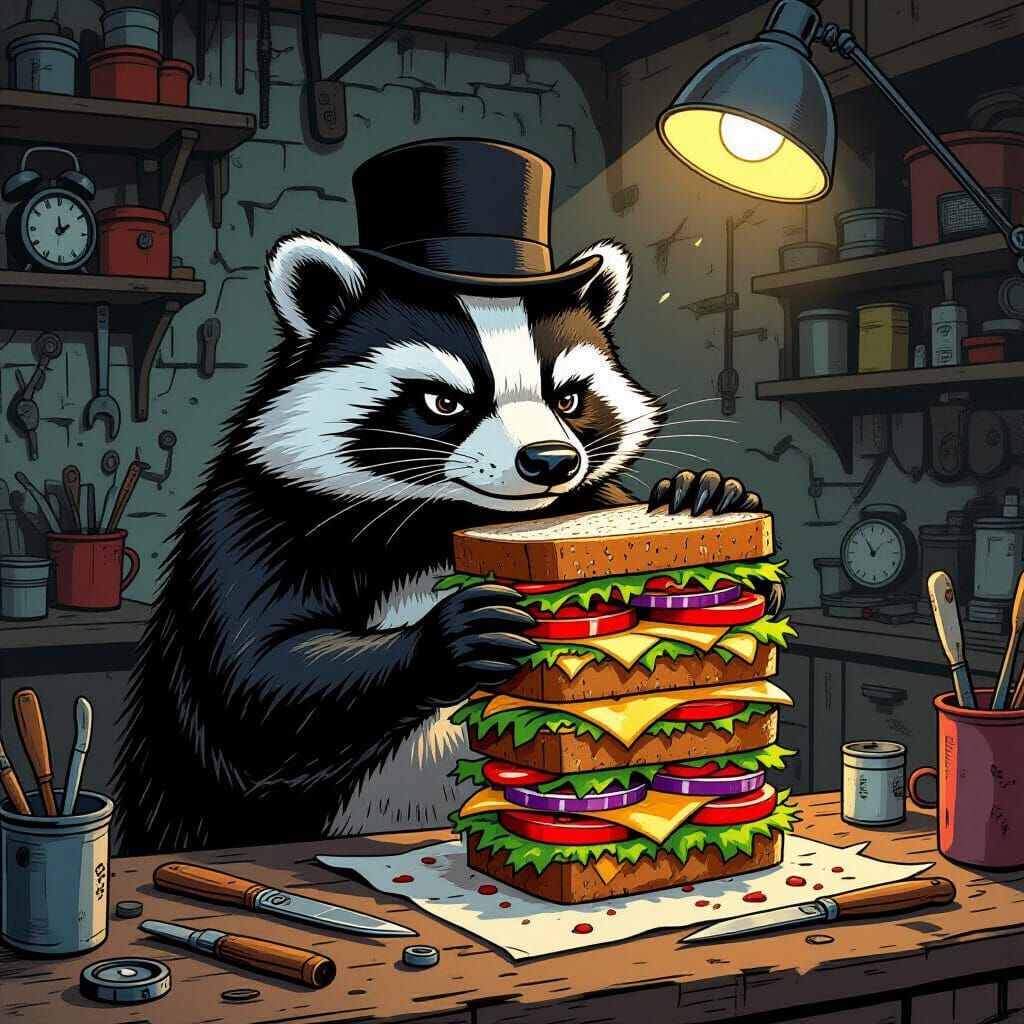 Grumpy Badger Crafts Towering Sandwich in Workshop