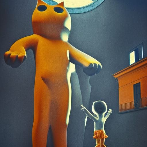 Giant Cat Holding Tiny Human in Dystopian Academia