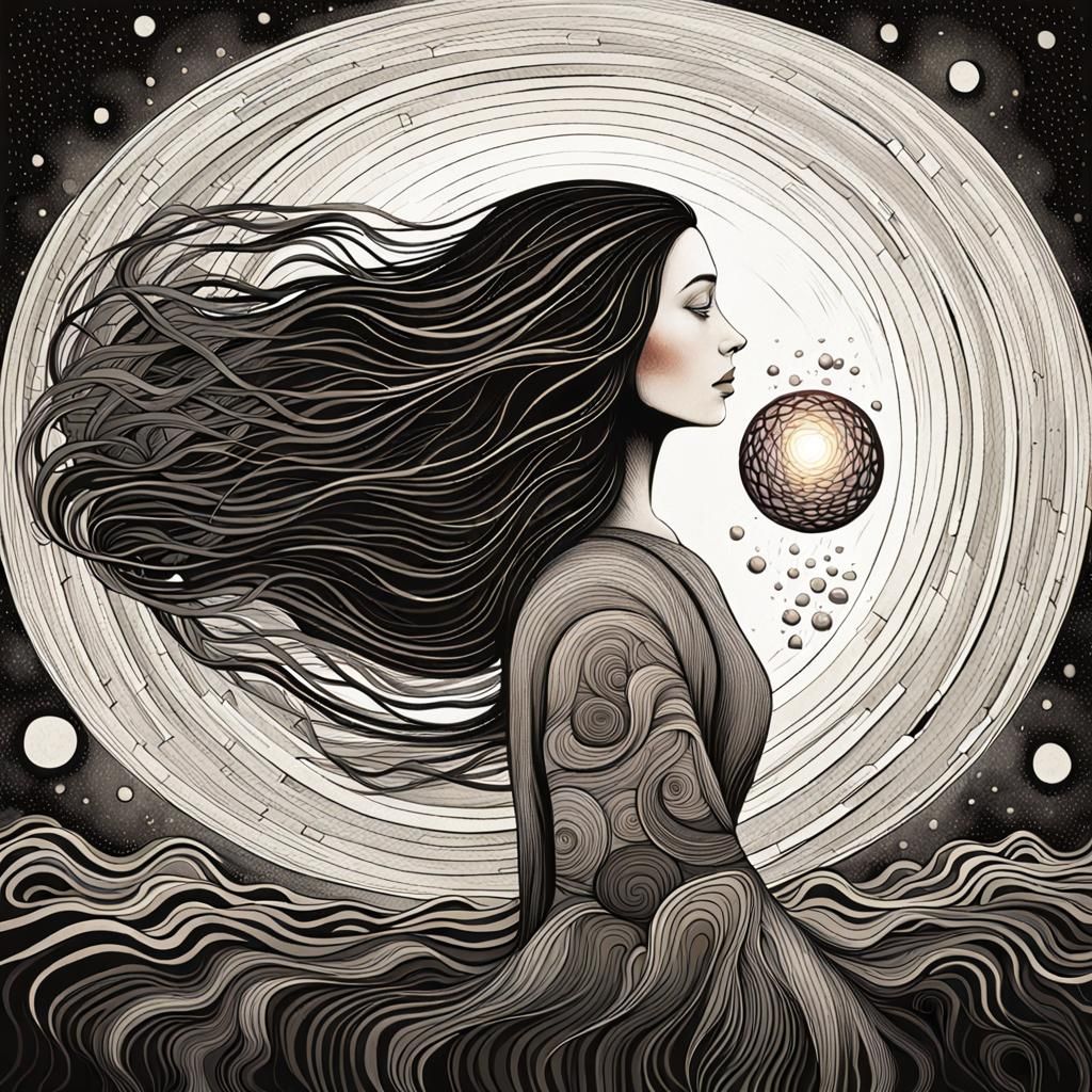 Woman Holding Atomic Nucleus in Surreal Watercolor Style