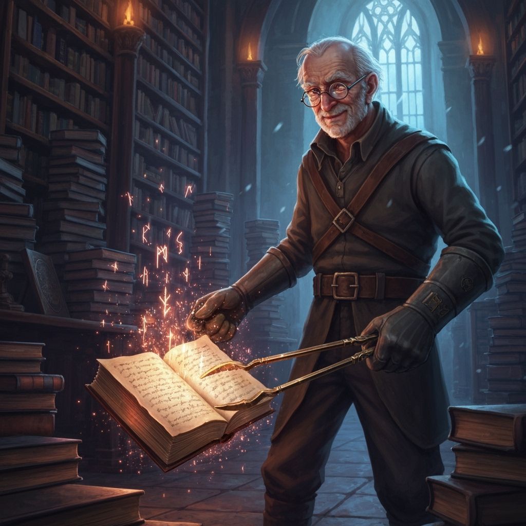 Elderly Librarian Captures Levitating Enchanted Book