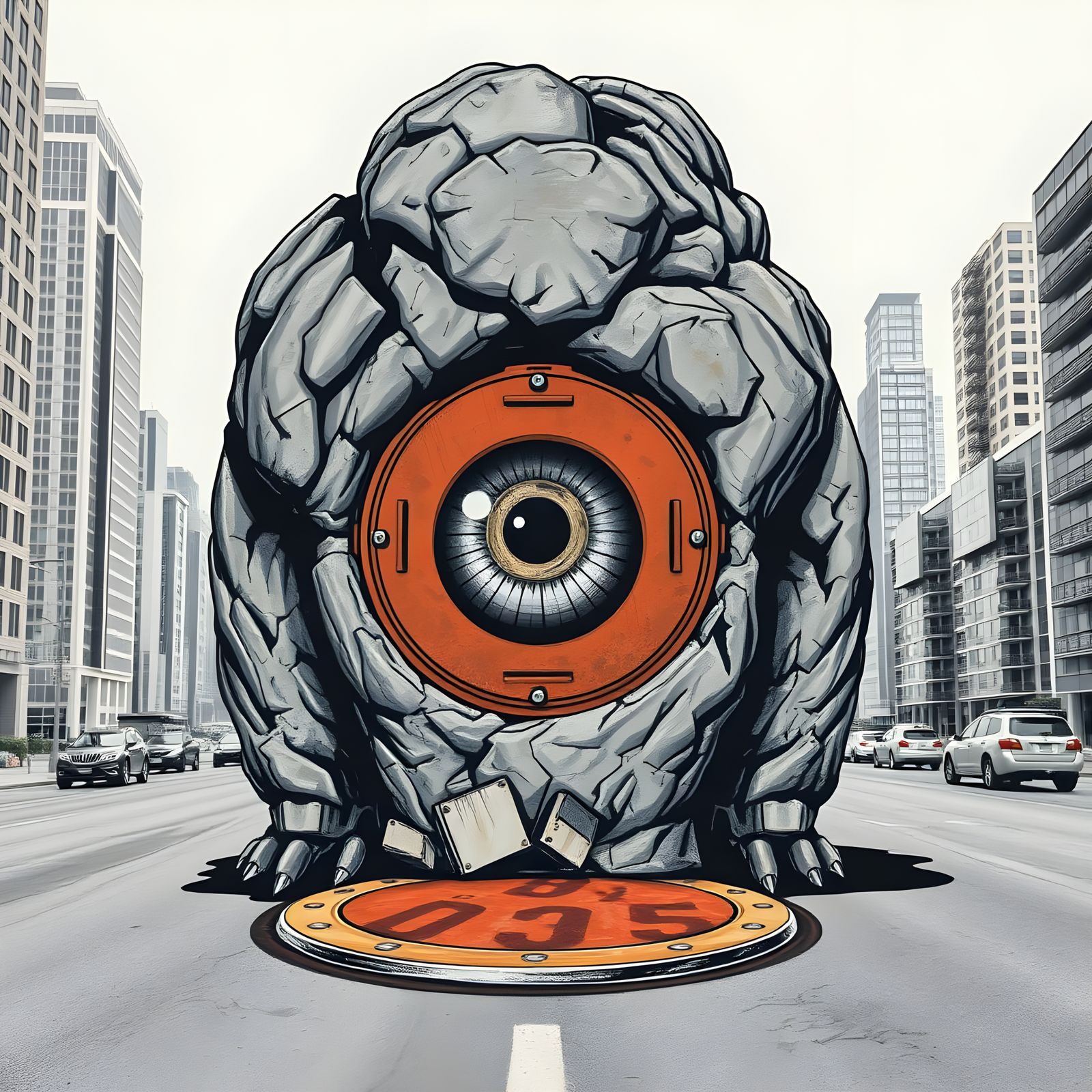 Cyclops Figure on City Road in Chalk Drawing Style