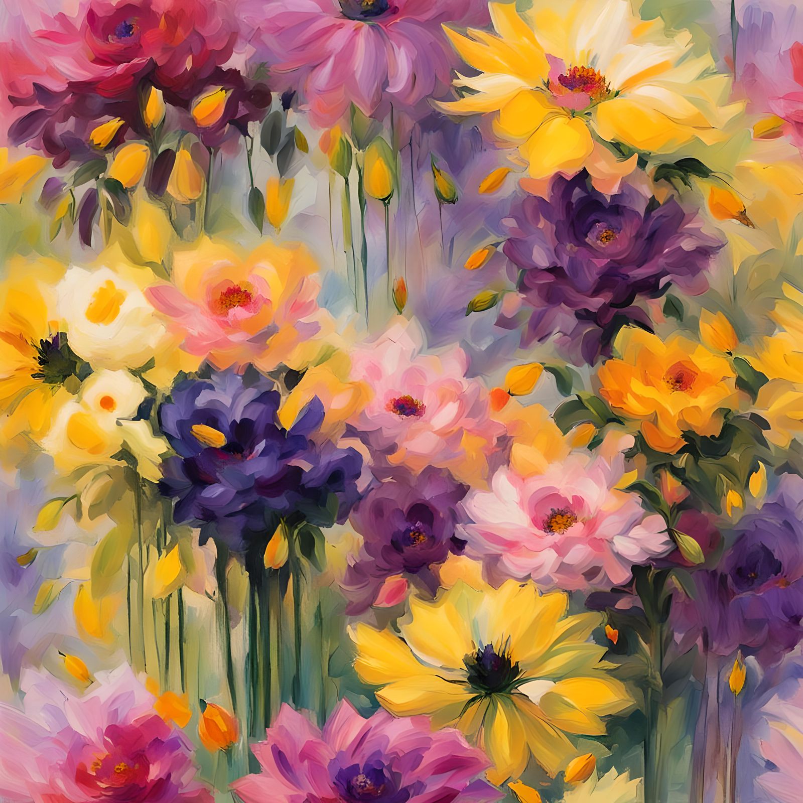 Abstract Bouquet of Vibrant Flowers in Impressionist Style