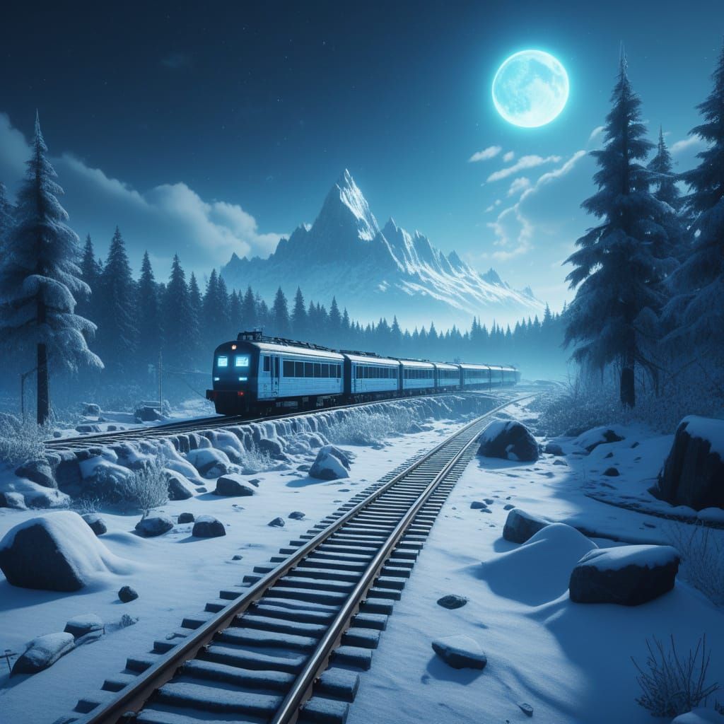 Magical Crystal Train in Snowy Fantasy Landscape