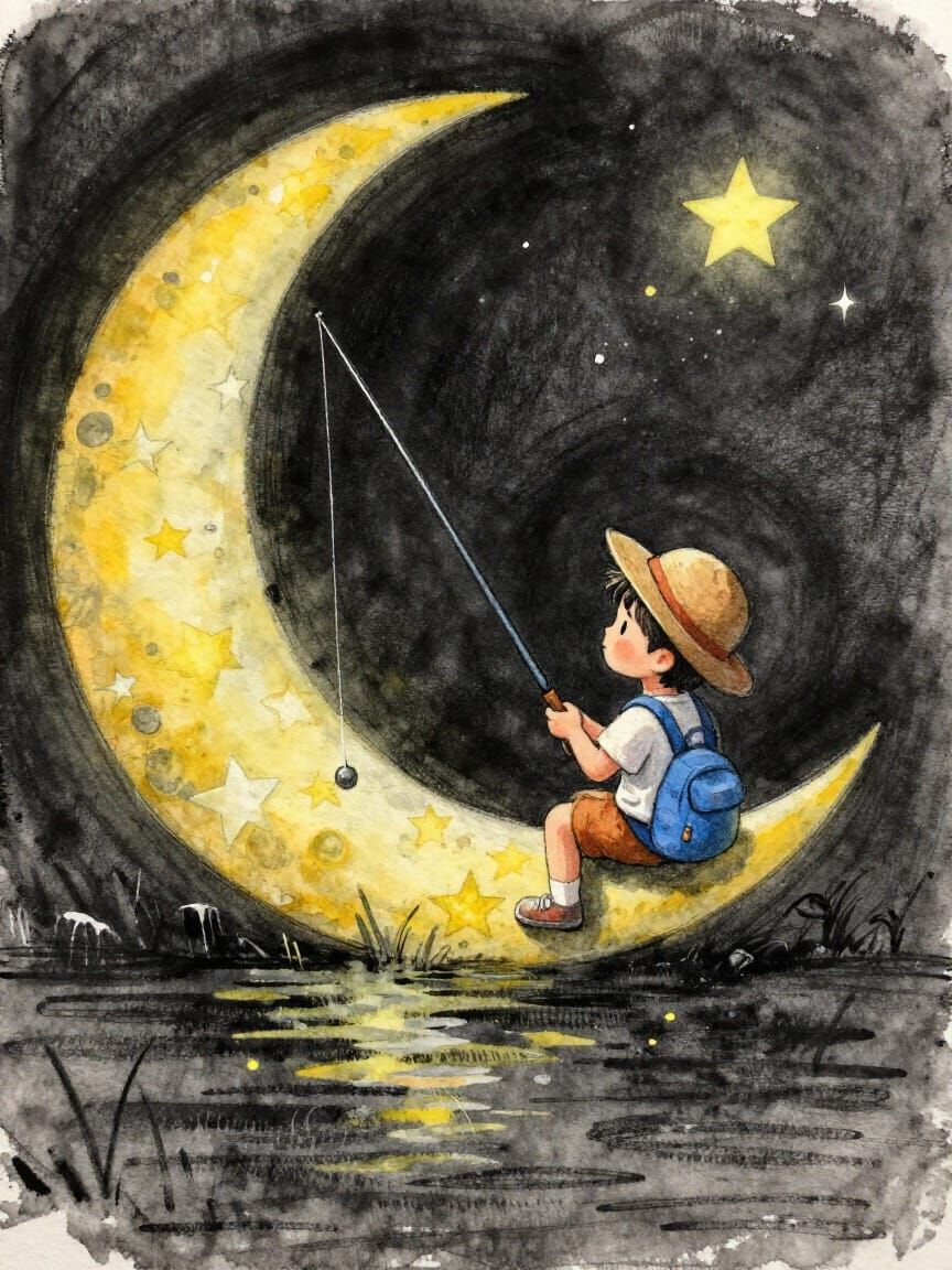 Child Fishing for Stars Off Crescent Moon Sketch