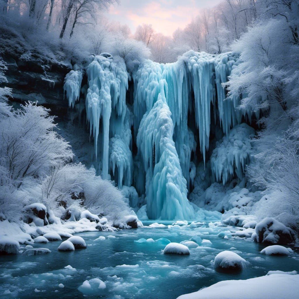 Frozen Waterfalls in Winter Fantasy Scene