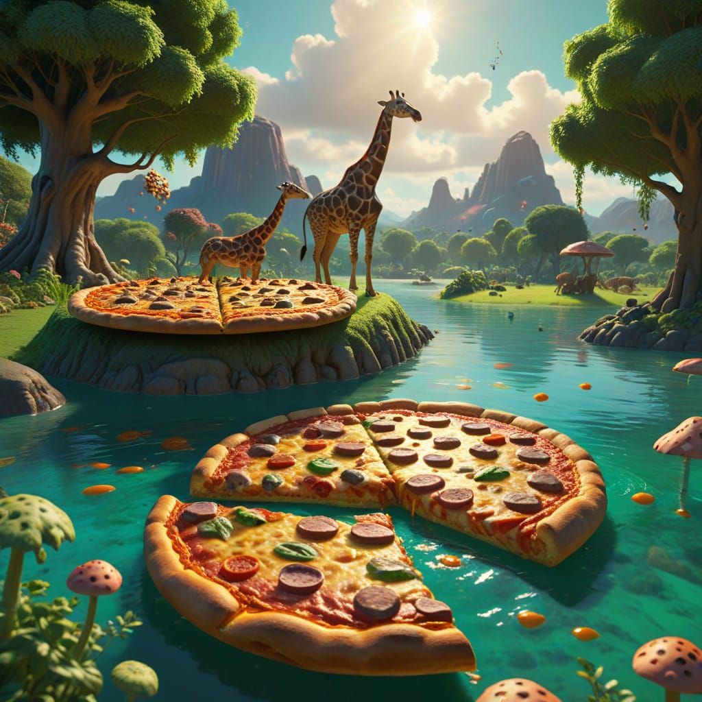 Fantasy Pizza Islands with Giraffe and Hippo in Pixar Style