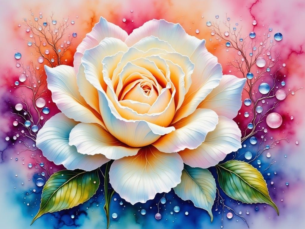 Shimmering White Rose with Dew Drops in Watercolor Style