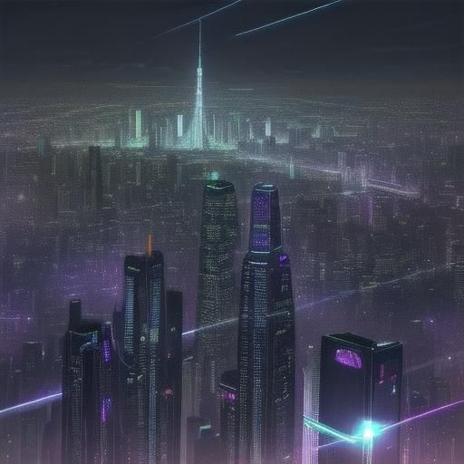 Futuristic Cityscape with Neon Green Building in Cyberpunk S...