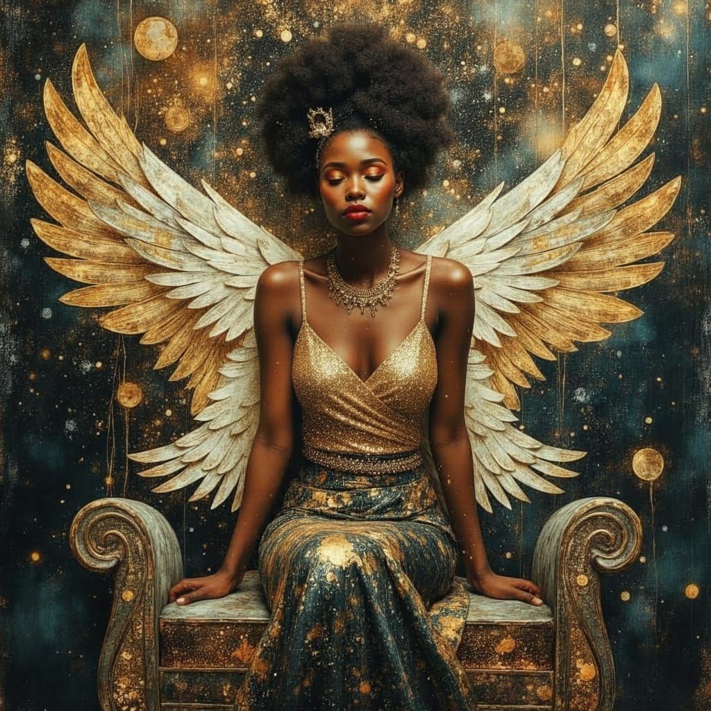 African Goddess in Cosmic Throne, Oil Painting Style
