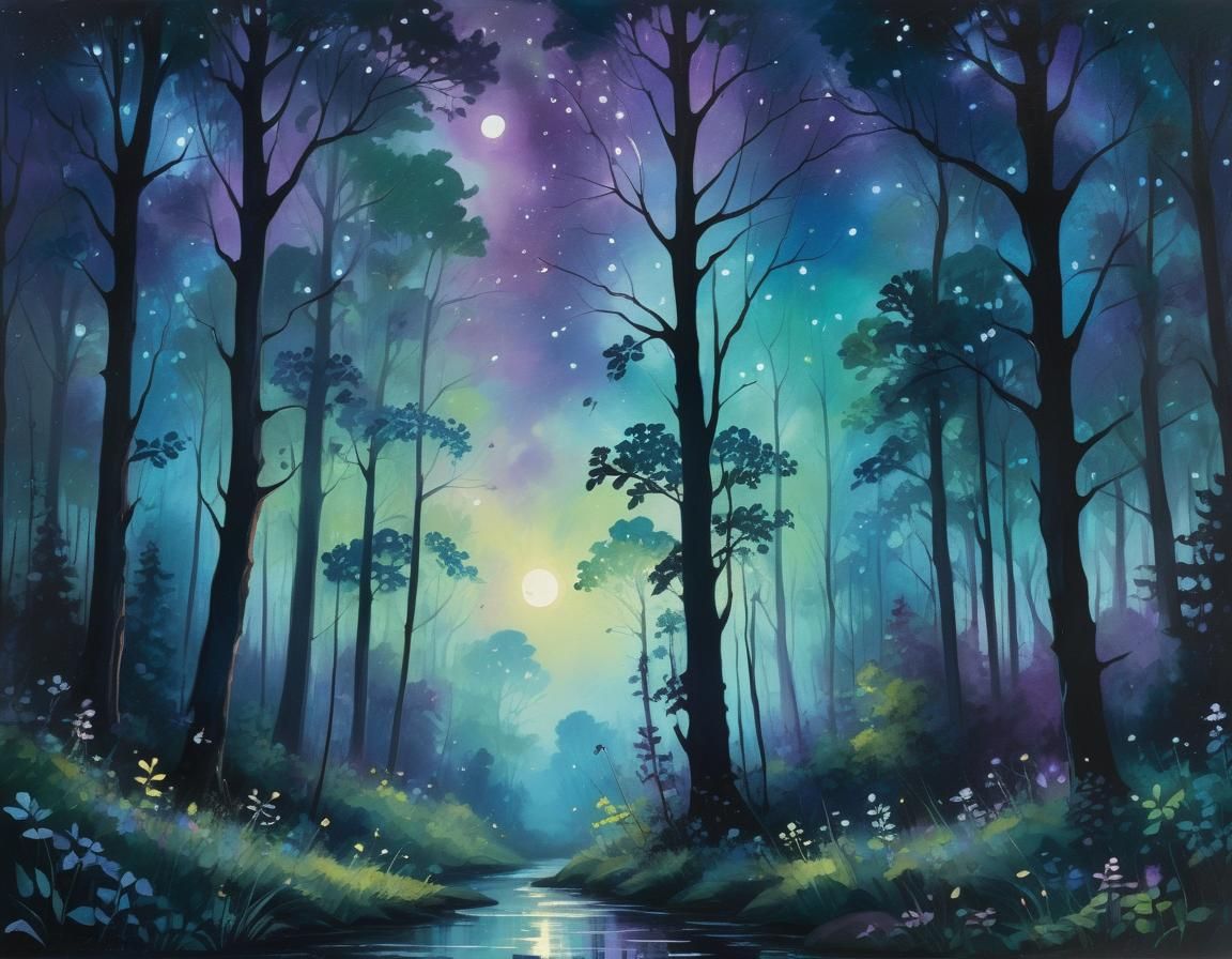 Enchanting Nocturnal Forest in Impressionistic Style