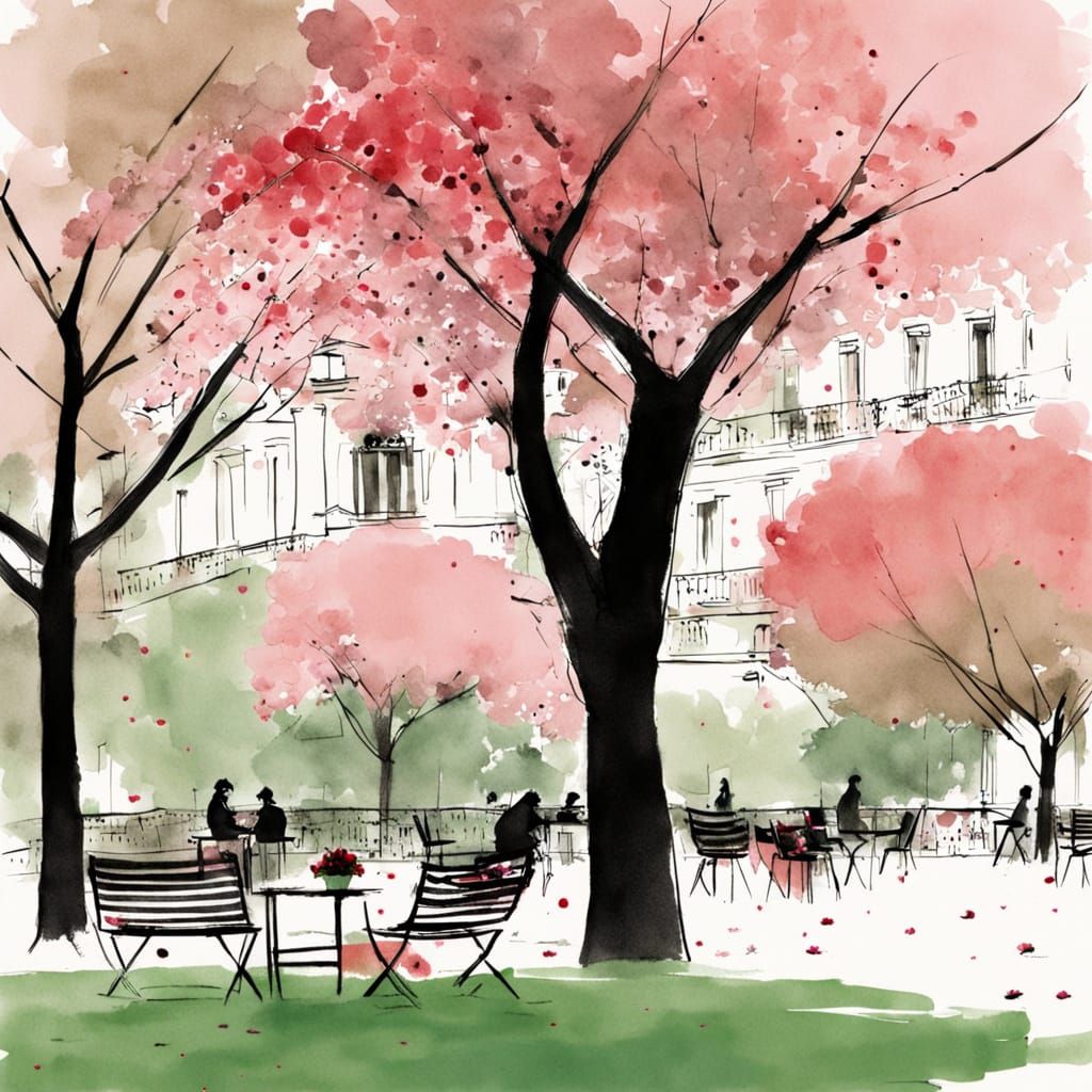 Urban Sketch in Soft Spring Colors, Jardin du Luxembourg