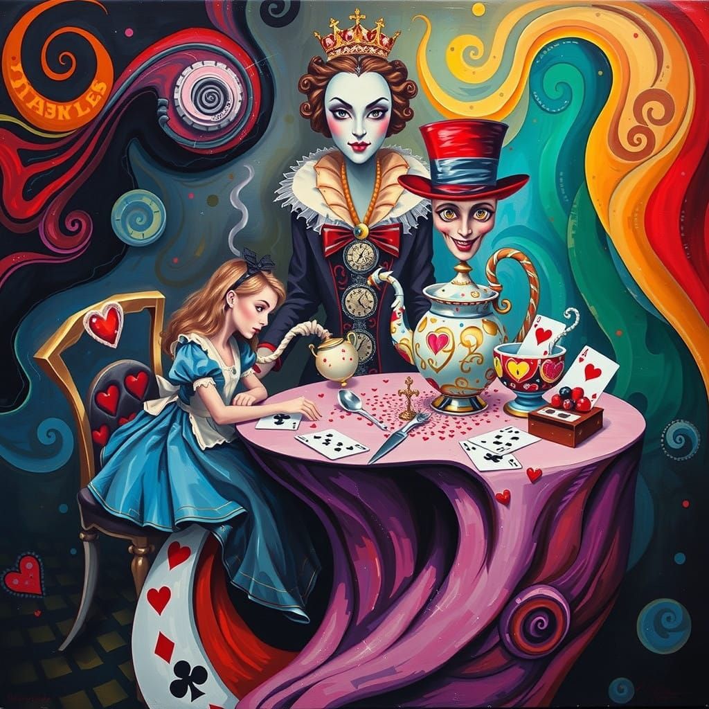 Surreal Tea Party Scene with Distorted Clocks and Hearts