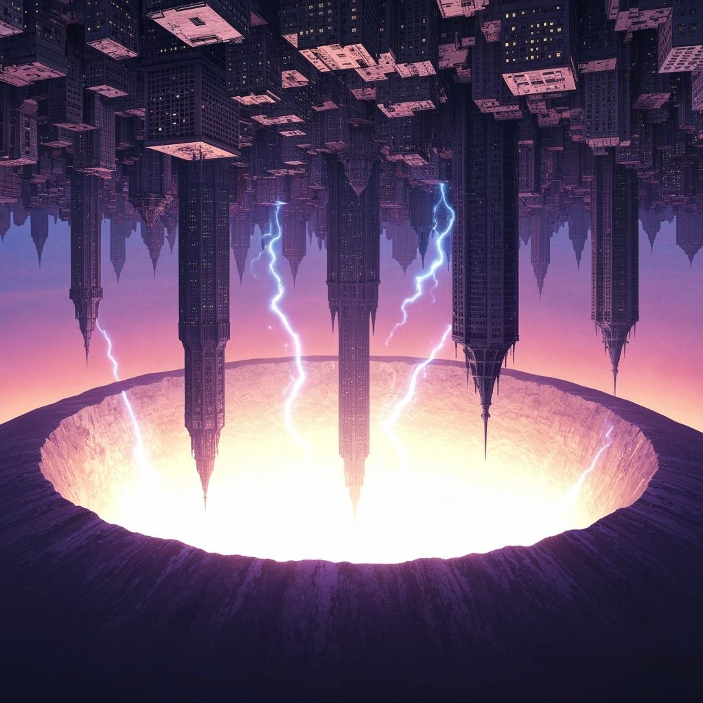 Inverted Cityscape Hangs Beneath Glowing Crater