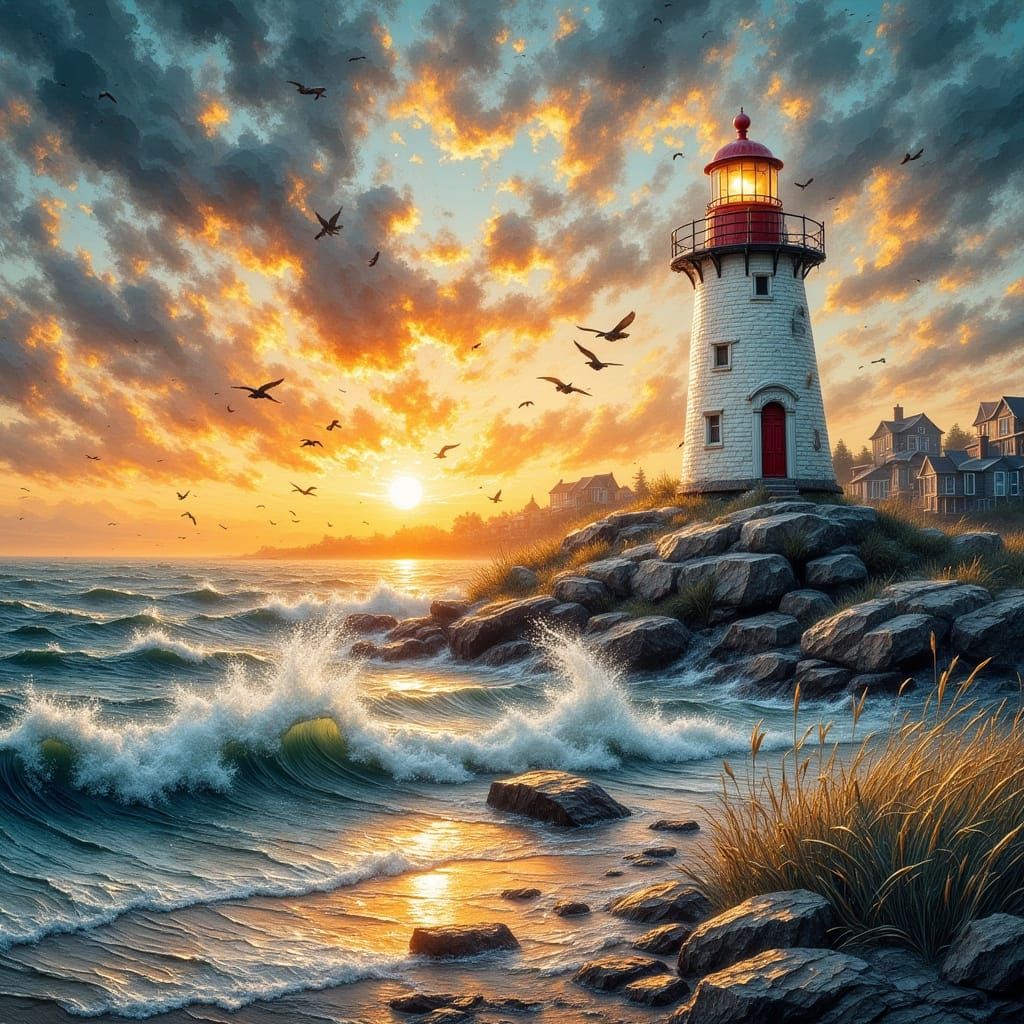 Lighthouse at Sunset: Impasto Coastal Scene