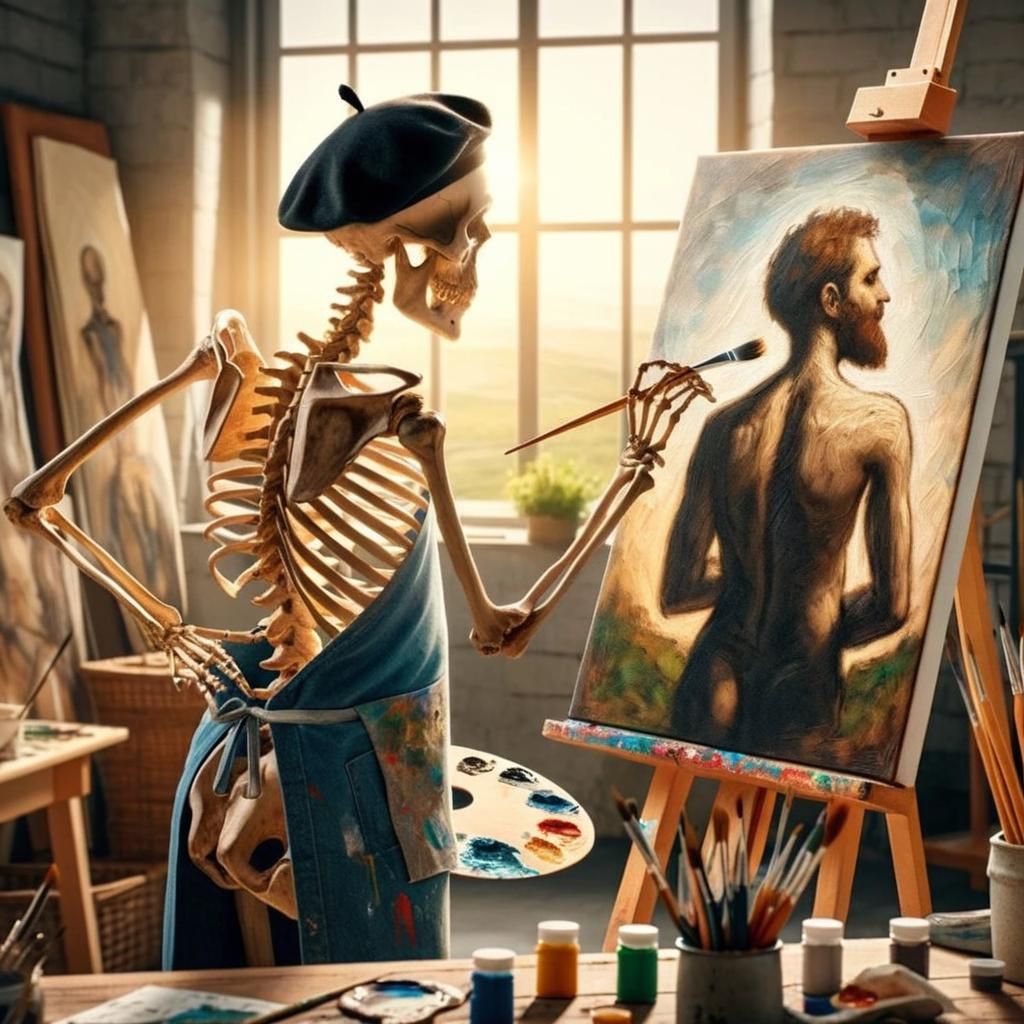 Skeleton Artist Painting a Human in Studio