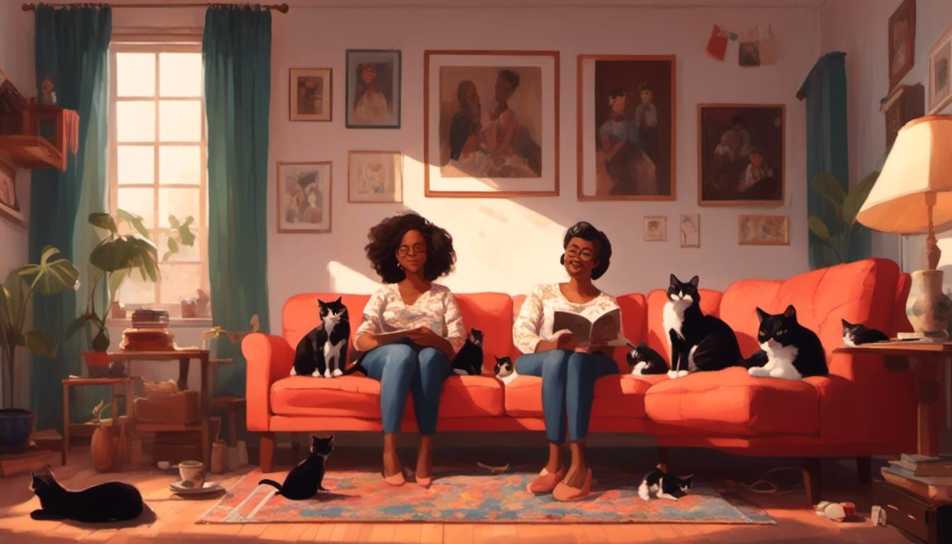 Cozy Home Scene: Woman and Cats in Soft Style