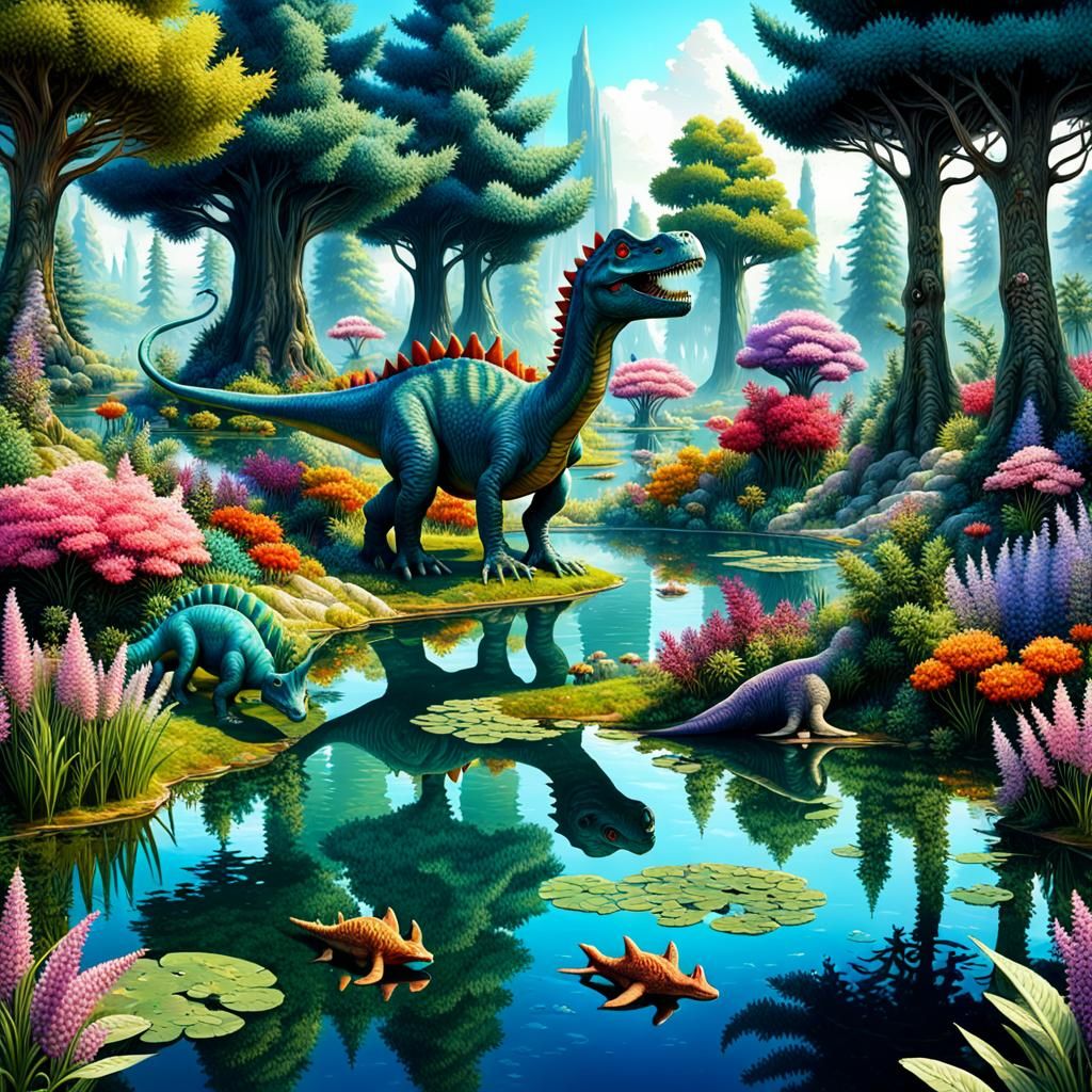 Dinosaurs in a Pond: Fantasy Art by Kucharsky