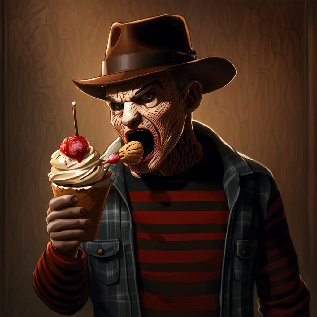 Freddy Krueger as Simpsons Character Eating Ice Cream