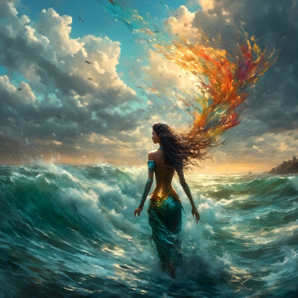 Detailed Mermaid Returning Home in Splash Art Style