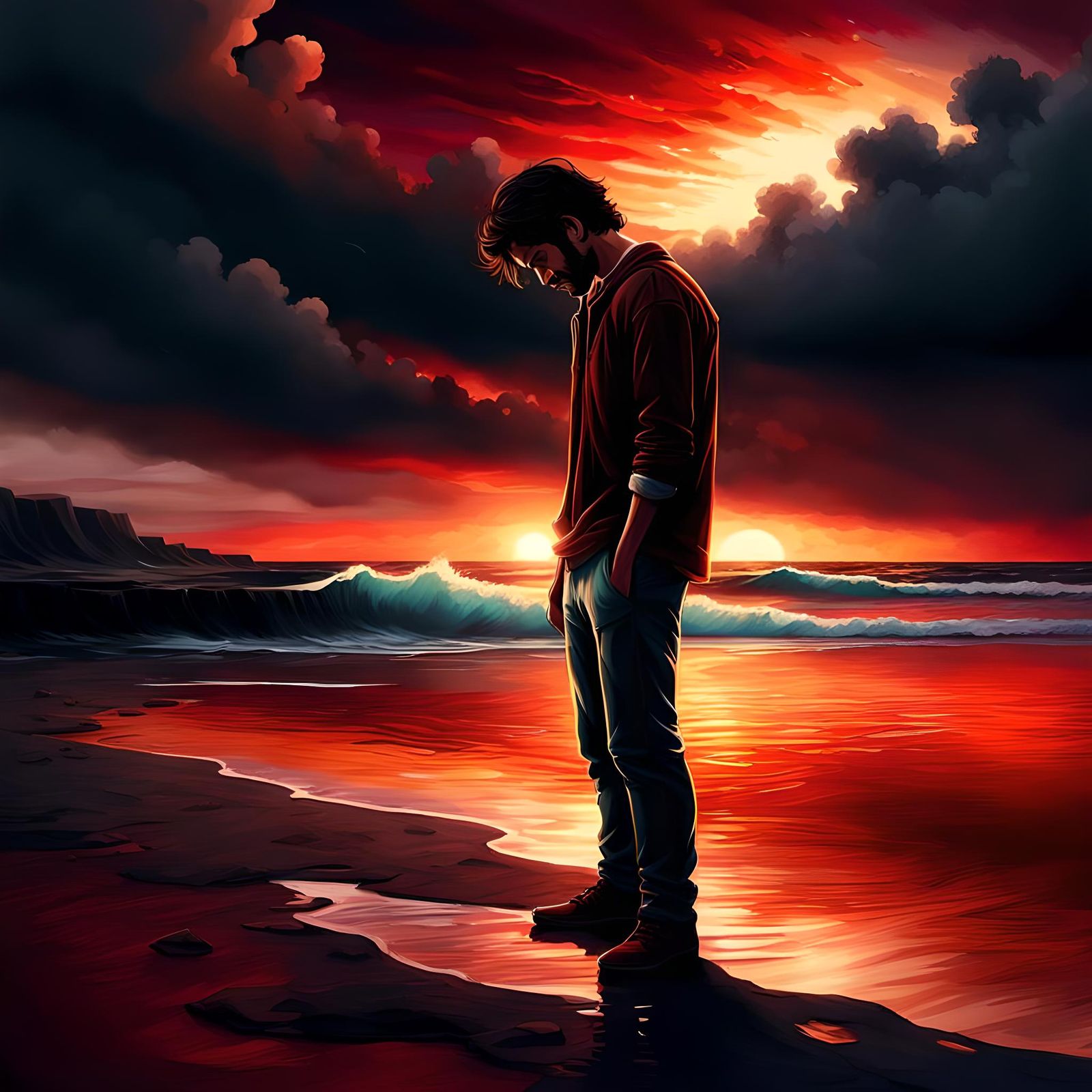 Man on Desolate Beach at Sunset: Digital Painting