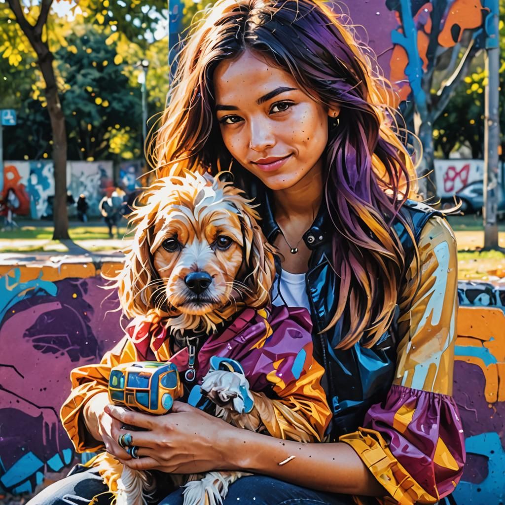 Street Art Portrait of Young Woman with Dog