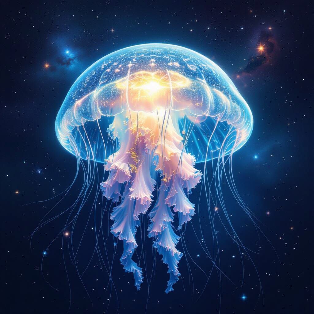 Bioluminescent Jellyfish Drifting Through Deep Space