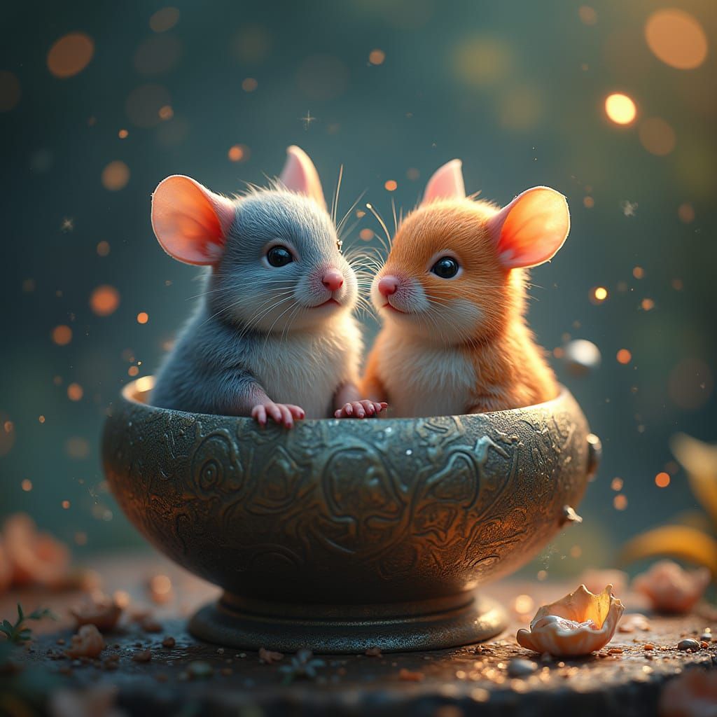 Whimsical Mystical Mouse and Bird Duo in Metallic Bowl