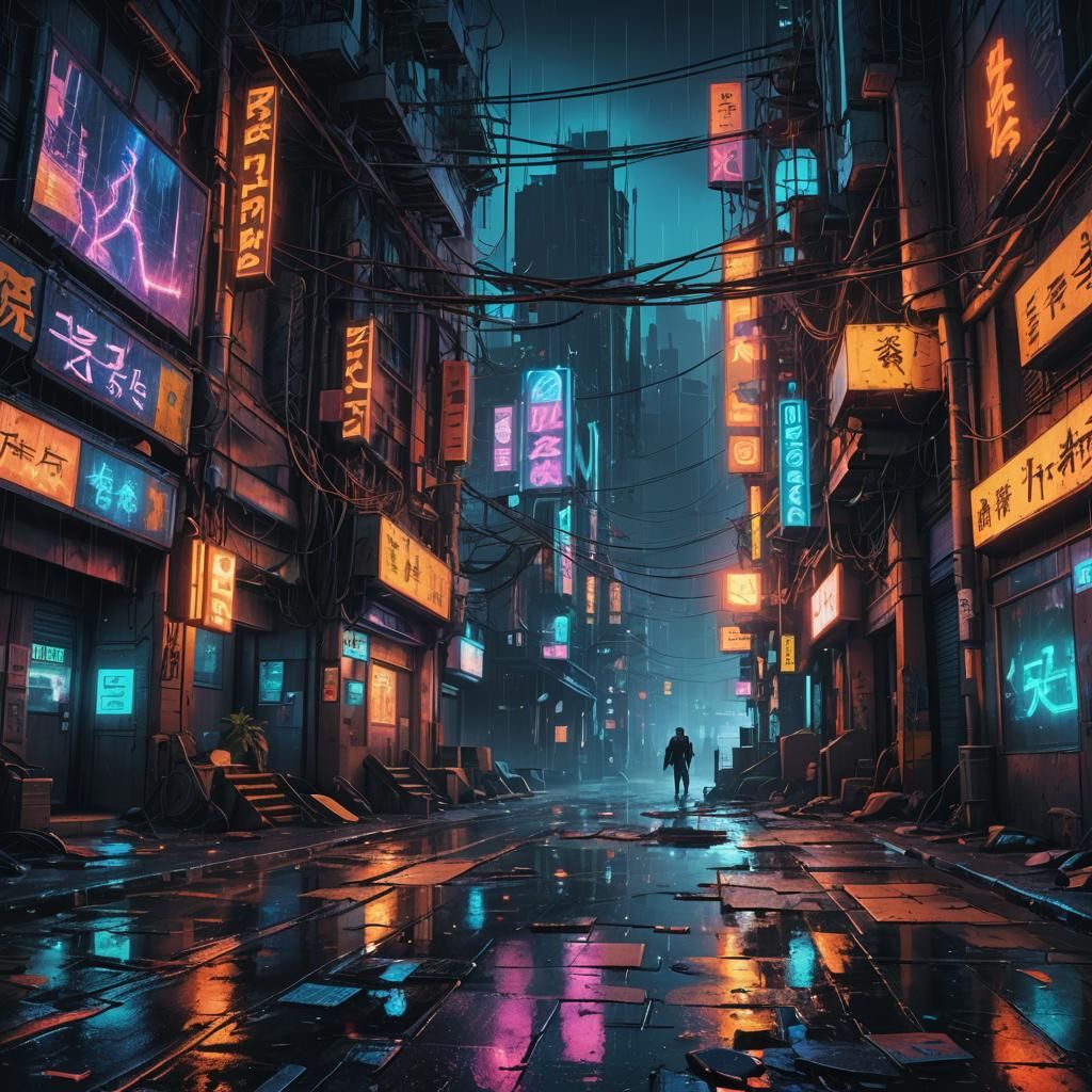 Cyberpunk Cityscape with Neon Hieroglyphics in Oil Painting ...