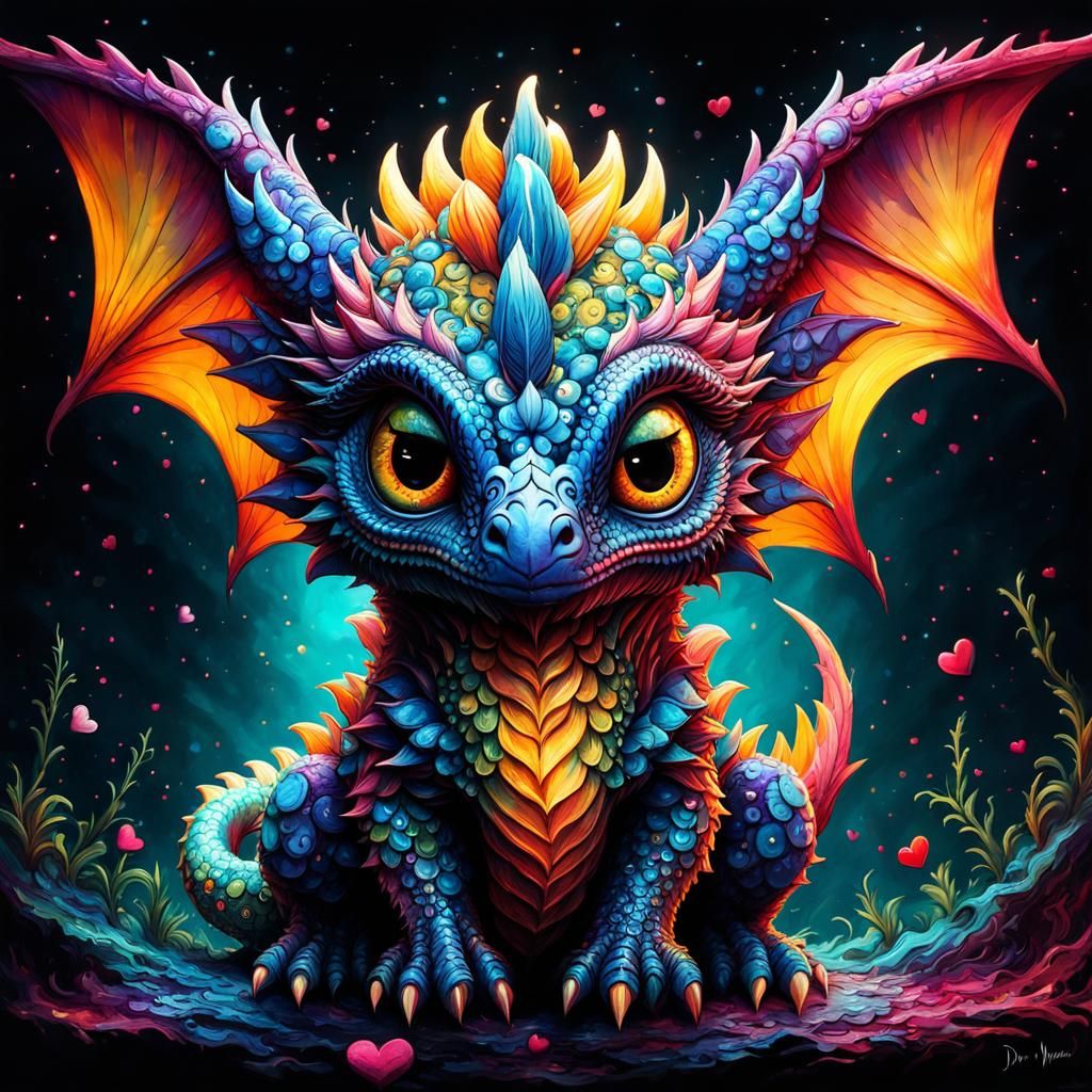 Vibrant Baby Dragon in Stained Glass Style