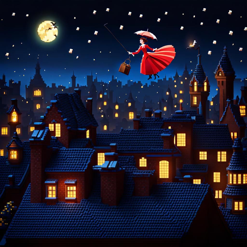 Mary Poppins in 3D Pixel Art on Rooftop